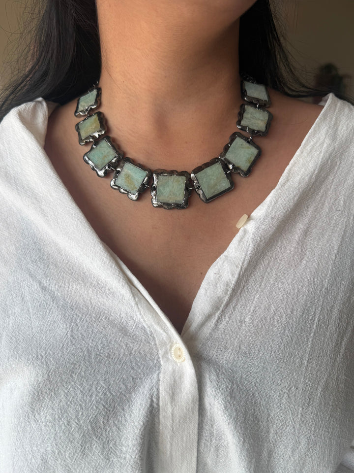 Handmade Raw Amazonite Rhodium Plated Necklace | Adjustable Lobster Claw Brass Statement Jewelry