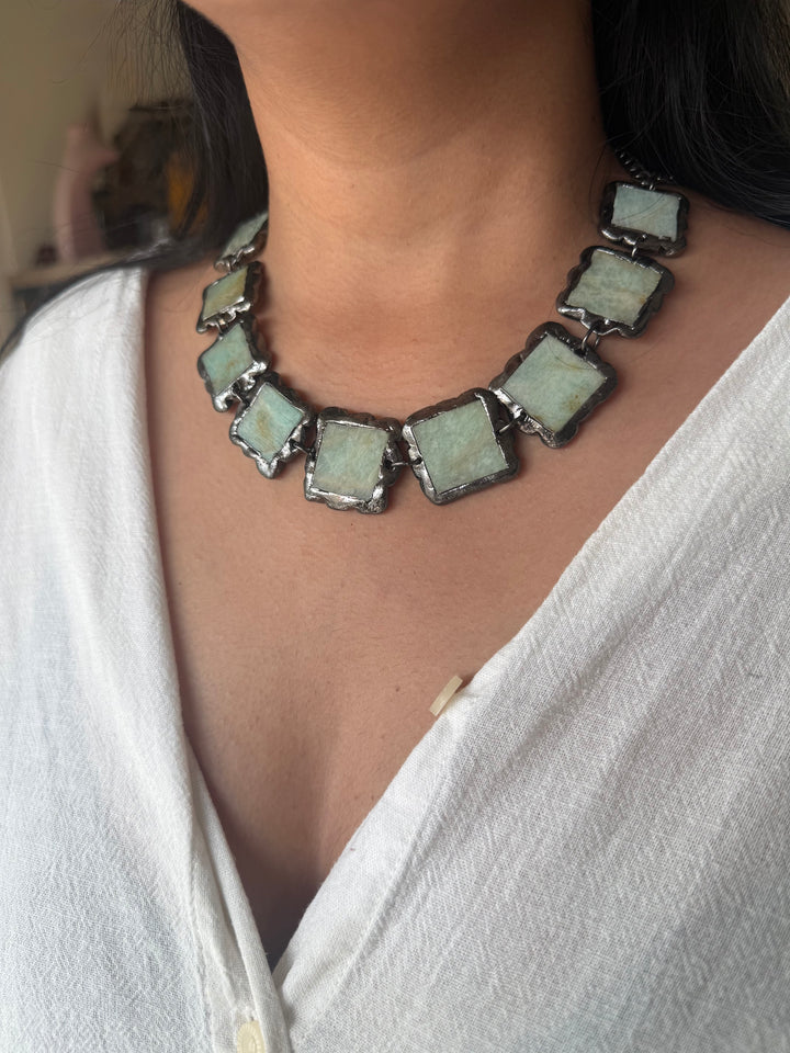 Handmade Raw Amazonite Rhodium Plated Necklace | Adjustable Lobster Claw Brass Statement Jewelry