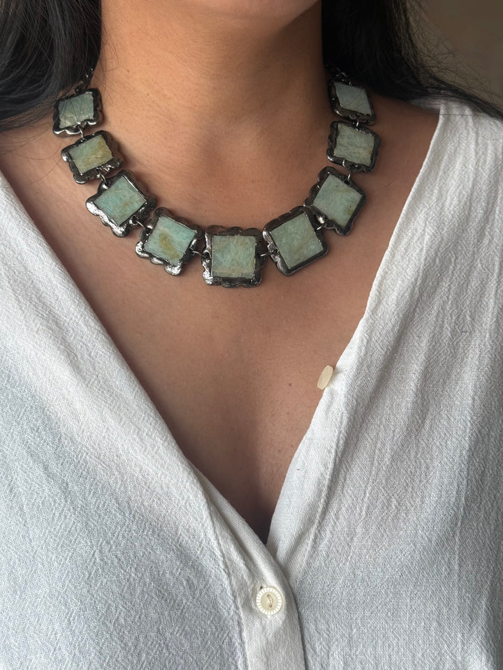 Handmade Raw Amazonite Rhodium Plated Necklace | Adjustable Lobster Claw Brass Statement Jewelry