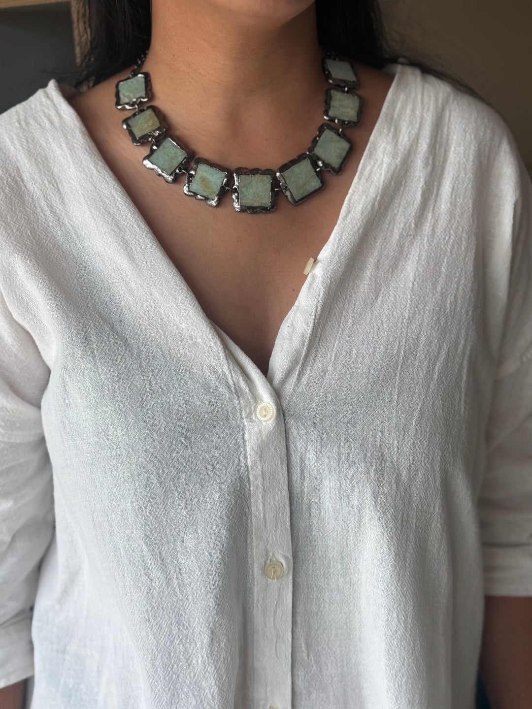 Handmade Raw Amazonite Rhodium Plated Necklace | Adjustable Lobster Claw Brass Statement Jewelry