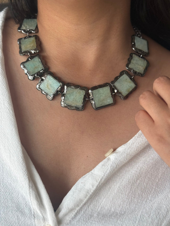 Handmade Raw Amazonite Rhodium Plated Necklace | Adjustable Lobster Claw Brass Statement Jewelry