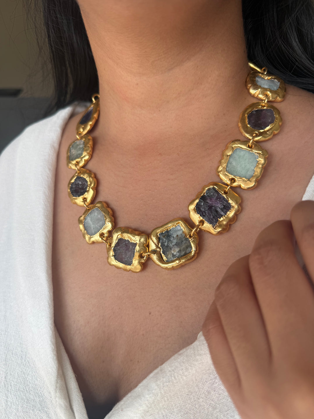 Handmade Raw Stone Gold Embedded Necklace | Adjustable Lobster Claw Brass Statement Jewelry