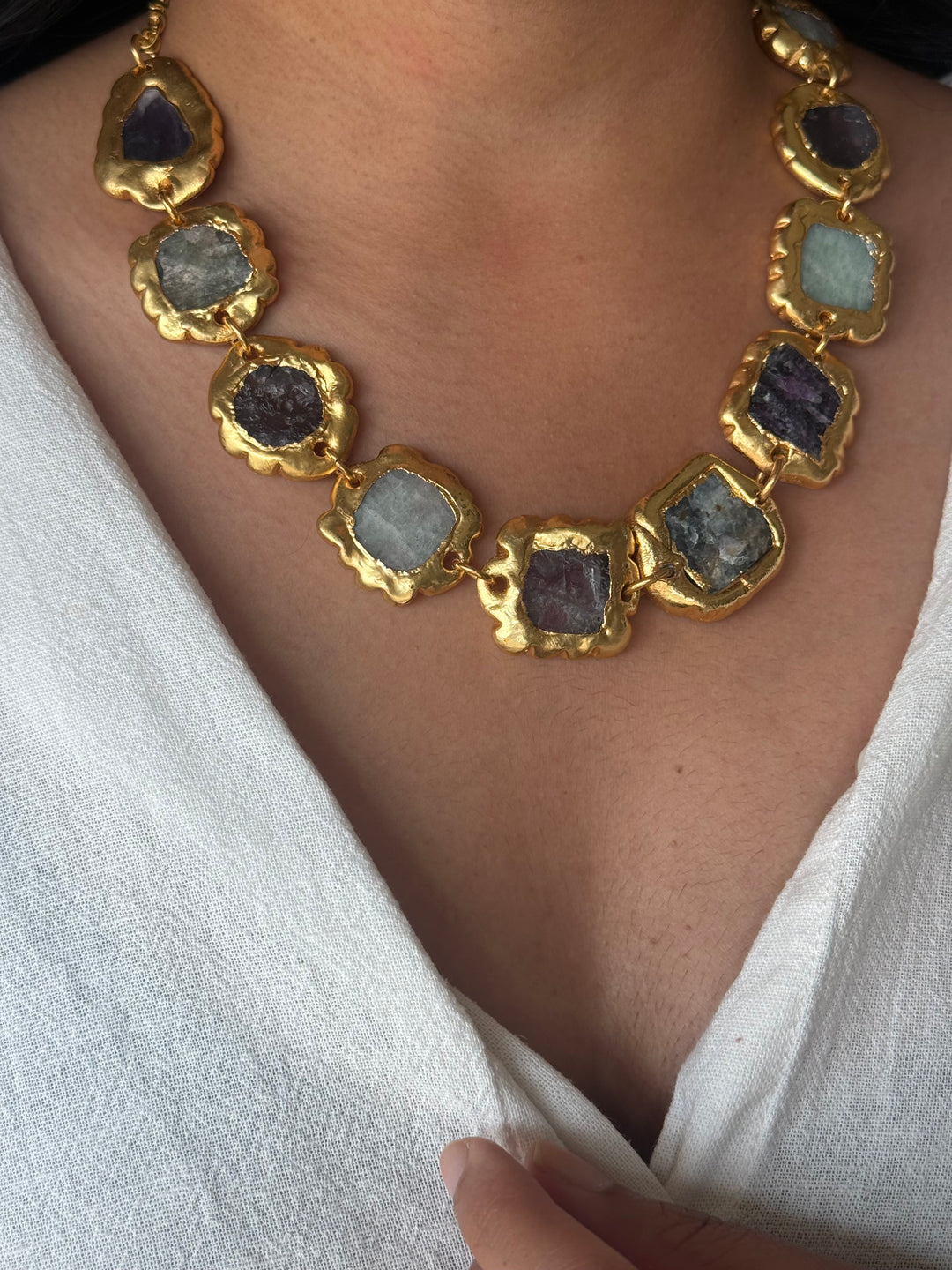 Handmade Raw Stone Gold Embedded Necklace | Adjustable Lobster Claw Brass Statement Jewelry
