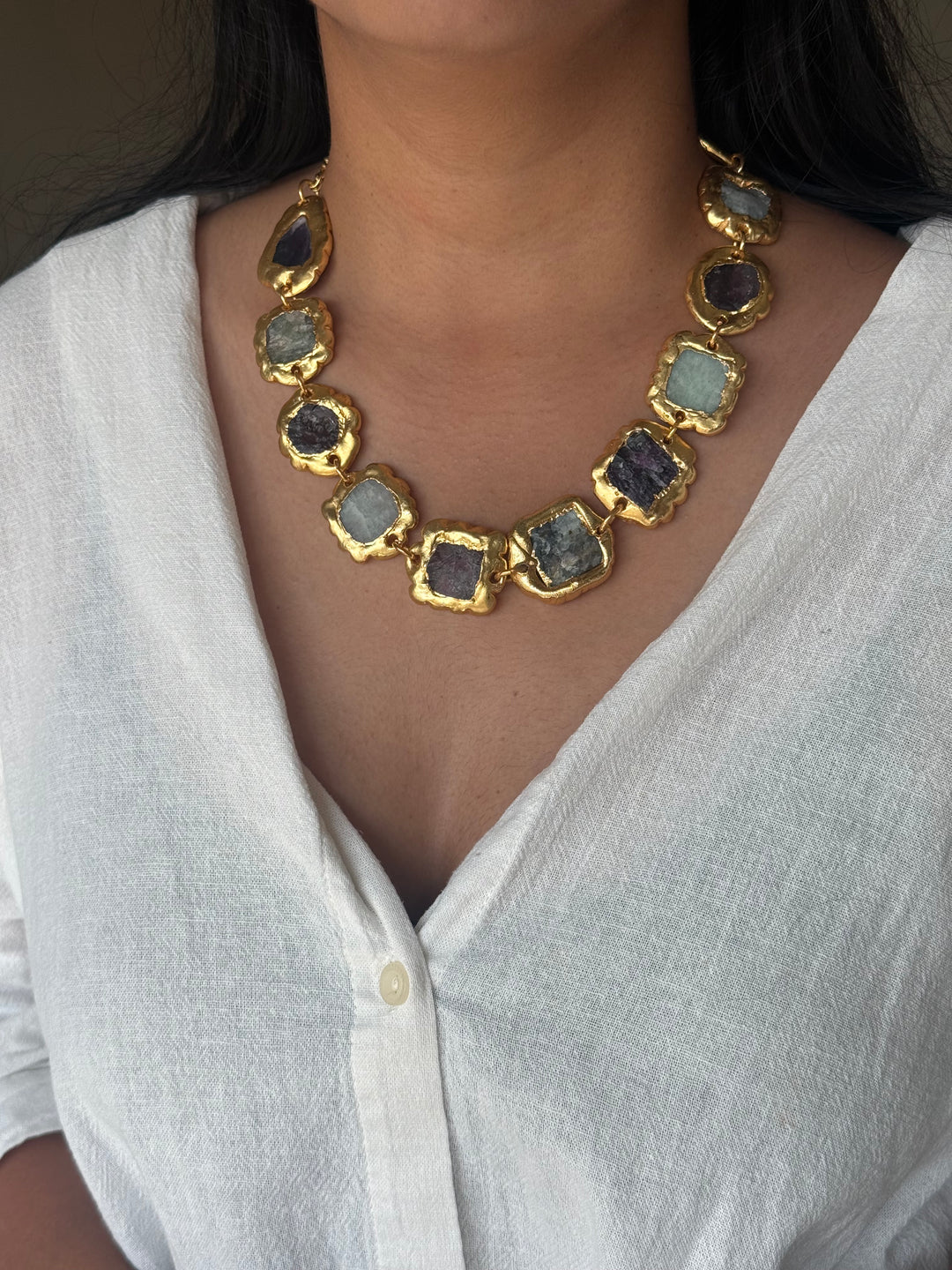 Handmade Raw Stone Gold Embedded Necklace | Adjustable Lobster Claw Brass Statement Jewelry