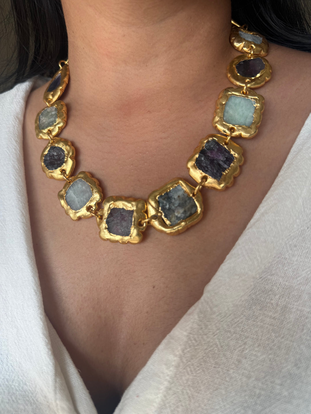 Handmade Raw Stone Gold Embedded Necklace | Adjustable Lobster Claw Brass Statement Jewelry