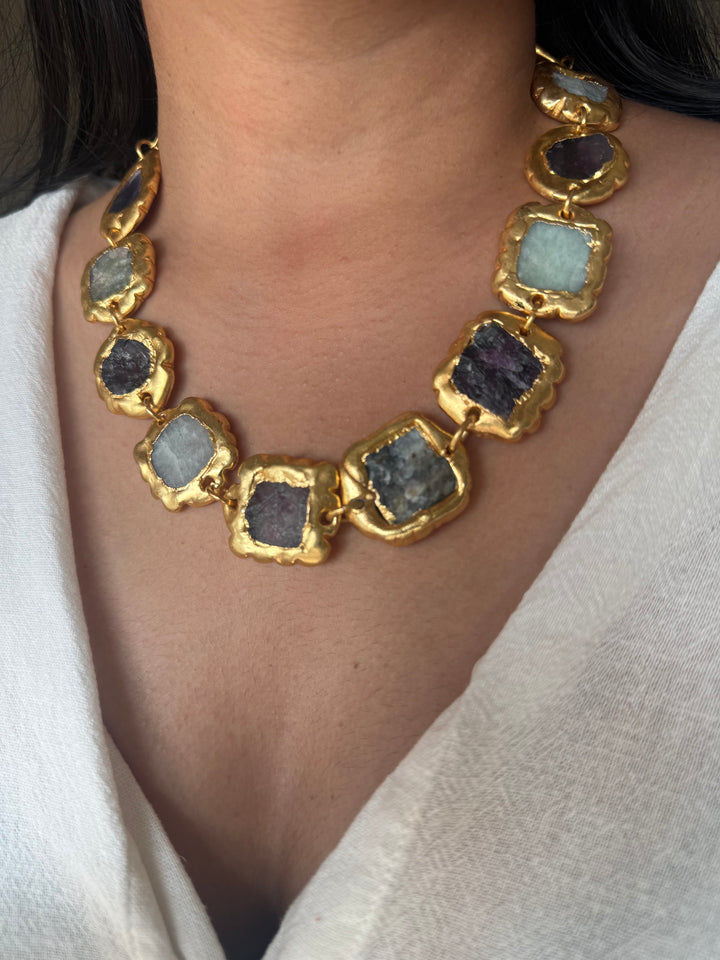 Handmade Raw Stone Gold Embedded Necklace | Adjustable Lobster Claw Brass Statement Jewelry