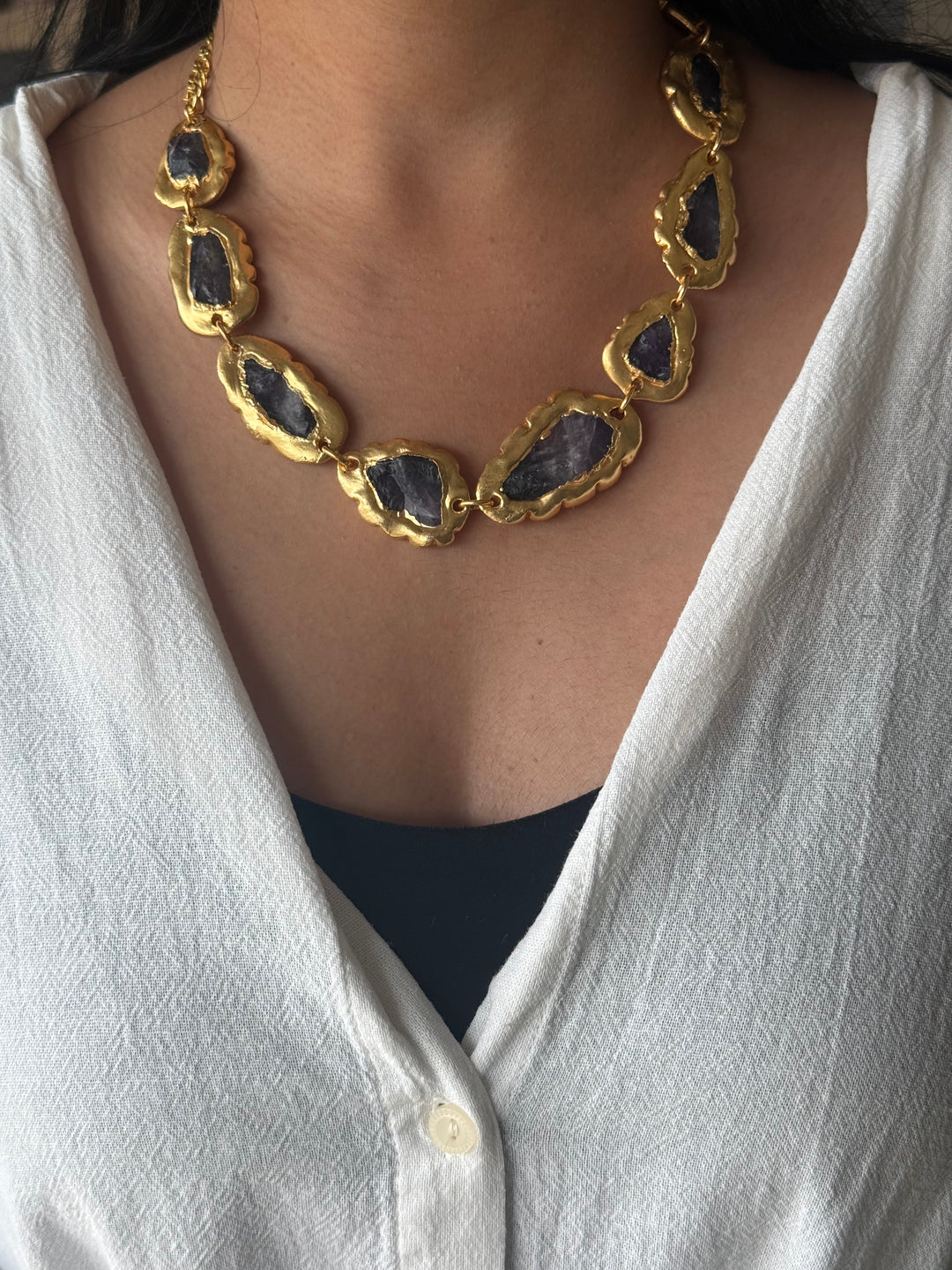 Handmade Raw Amethyst Gold Embedded Necklace | Adjustable Lobster Claw Brass Statement Jewelry