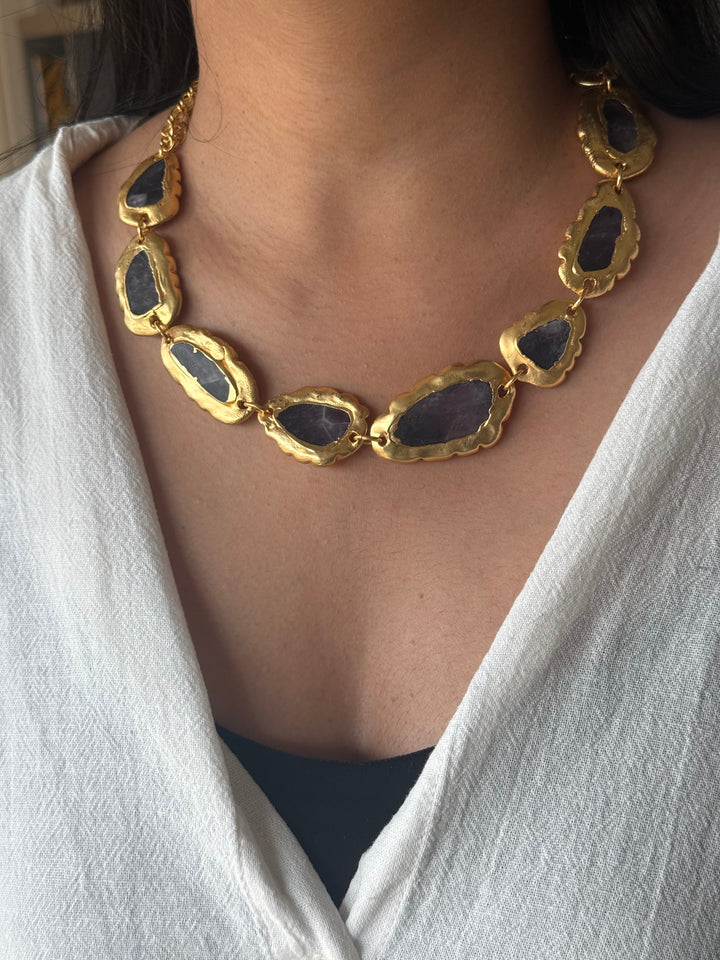 Handmade Raw Amethyst Gold Embedded Necklace | Adjustable Lobster Claw Brass Statement Jewelry