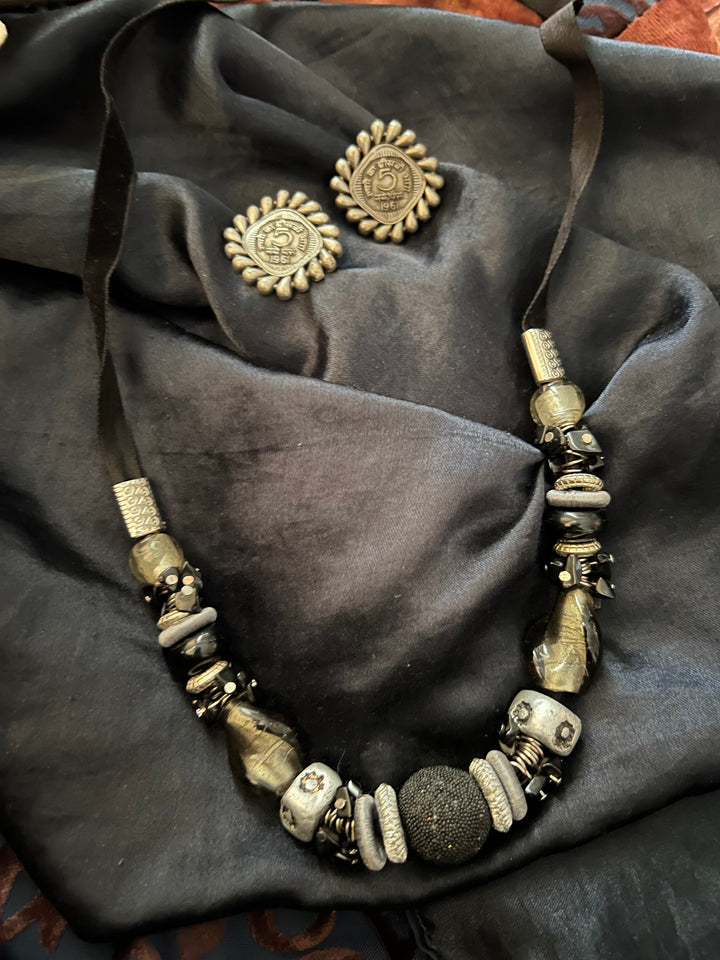 Black and Silver Beaded Necklace with Studs