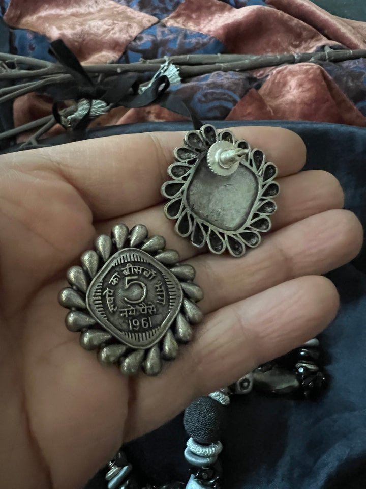 Black and Silver Beaded Necklace with Studs