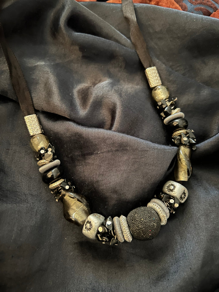 Black and Silver Beaded Necklace with Studs