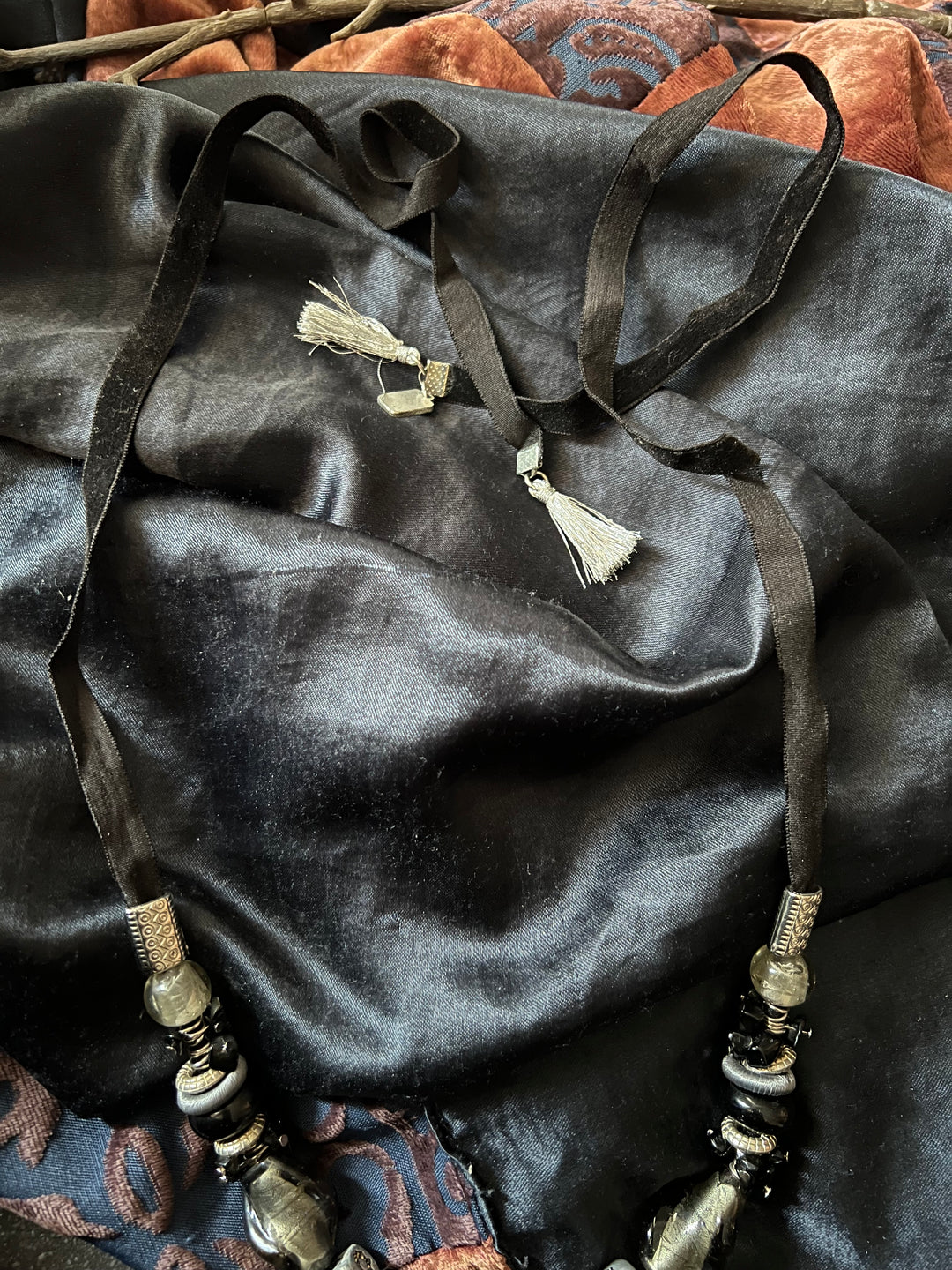 Black and Silver Beaded Necklace with Studs