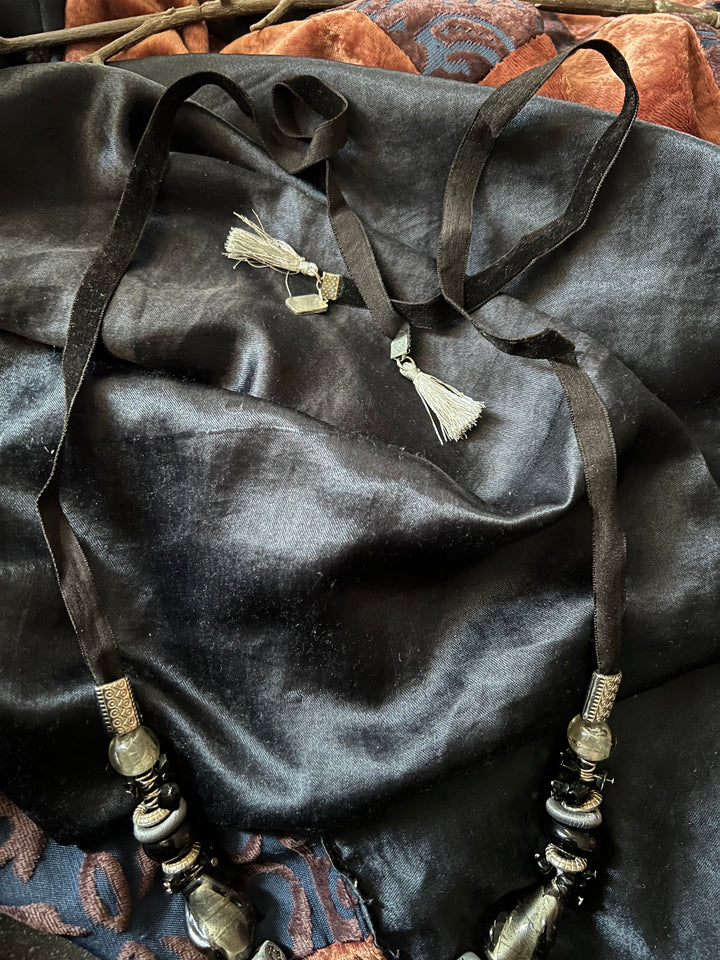 Black and Silver Beaded Necklace with Studs