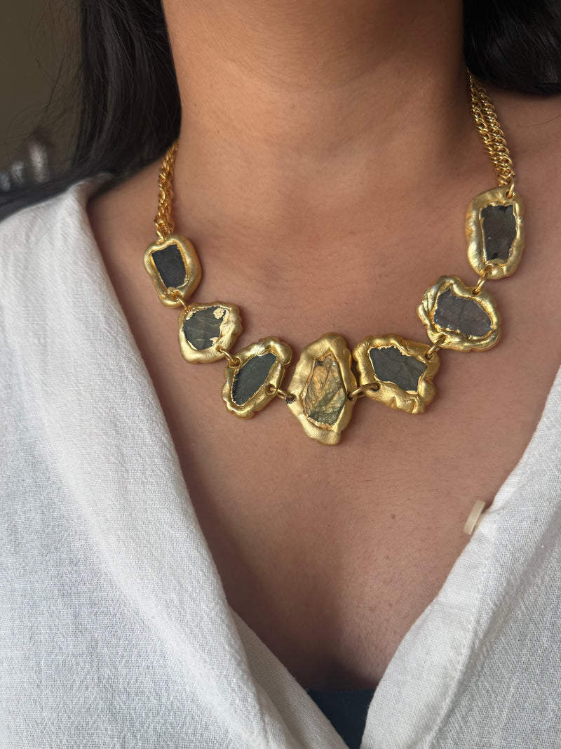 Handmade Raw Labradorite Gold Embedded Necklace | Adjustable Lobster Claw Brass Statement Jewelry