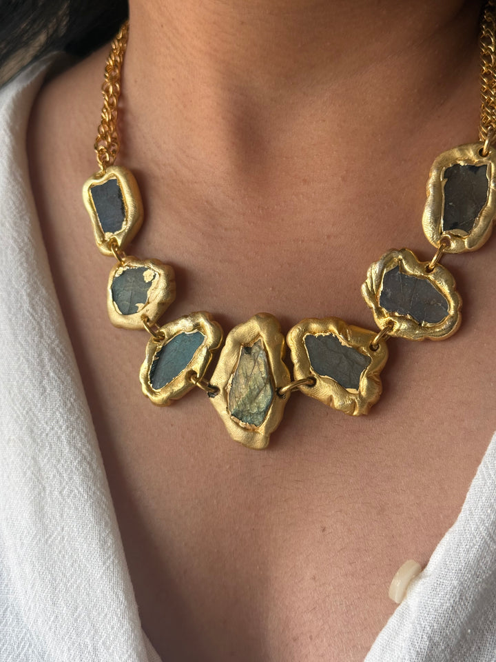 Handmade Raw Labradorite Gold Embedded Necklace | Adjustable Lobster Claw Brass Statement Jewelry