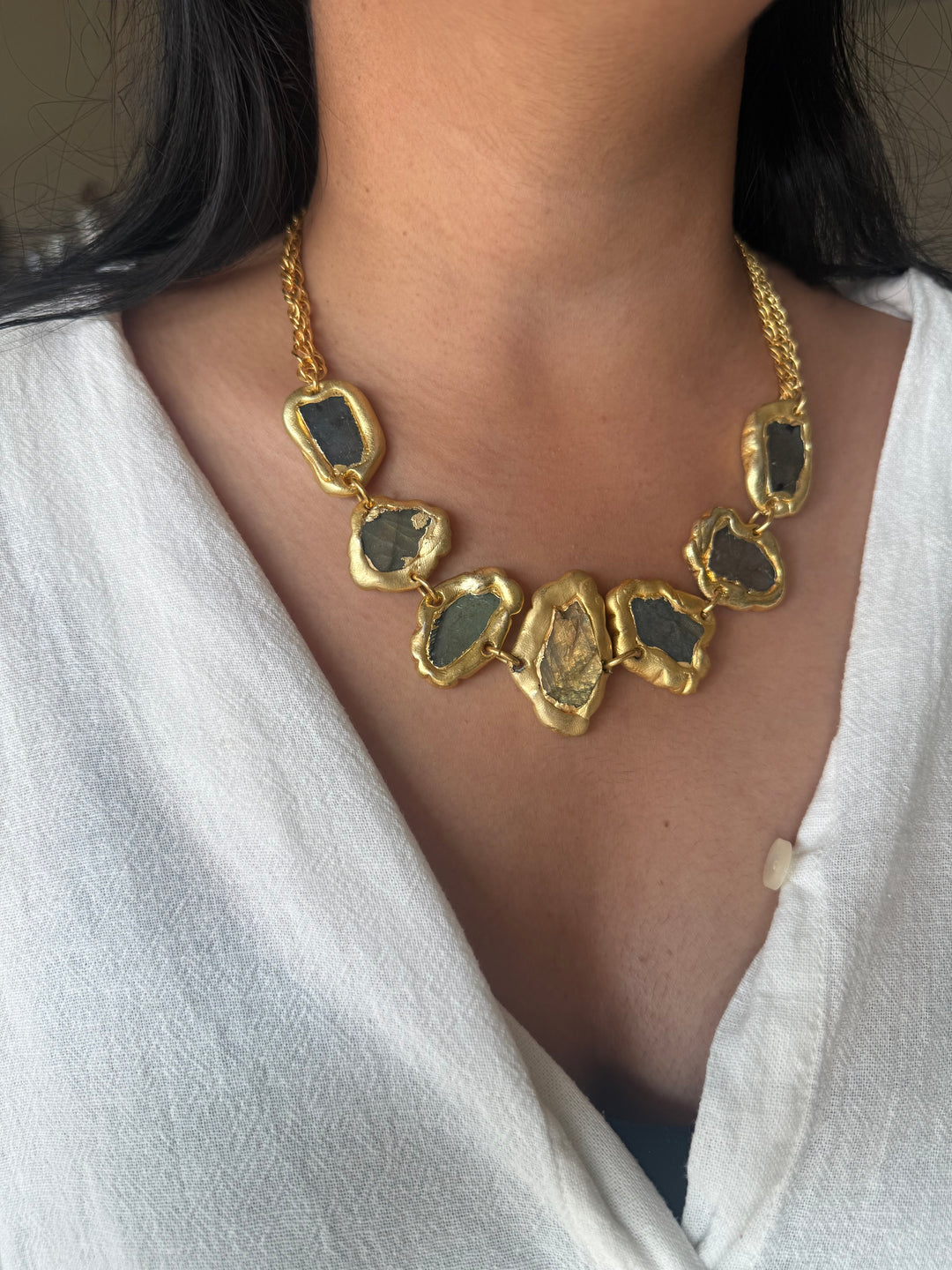 Handmade Raw Labradorite Gold Embedded Necklace | Adjustable Lobster Claw Brass Statement Jewelry