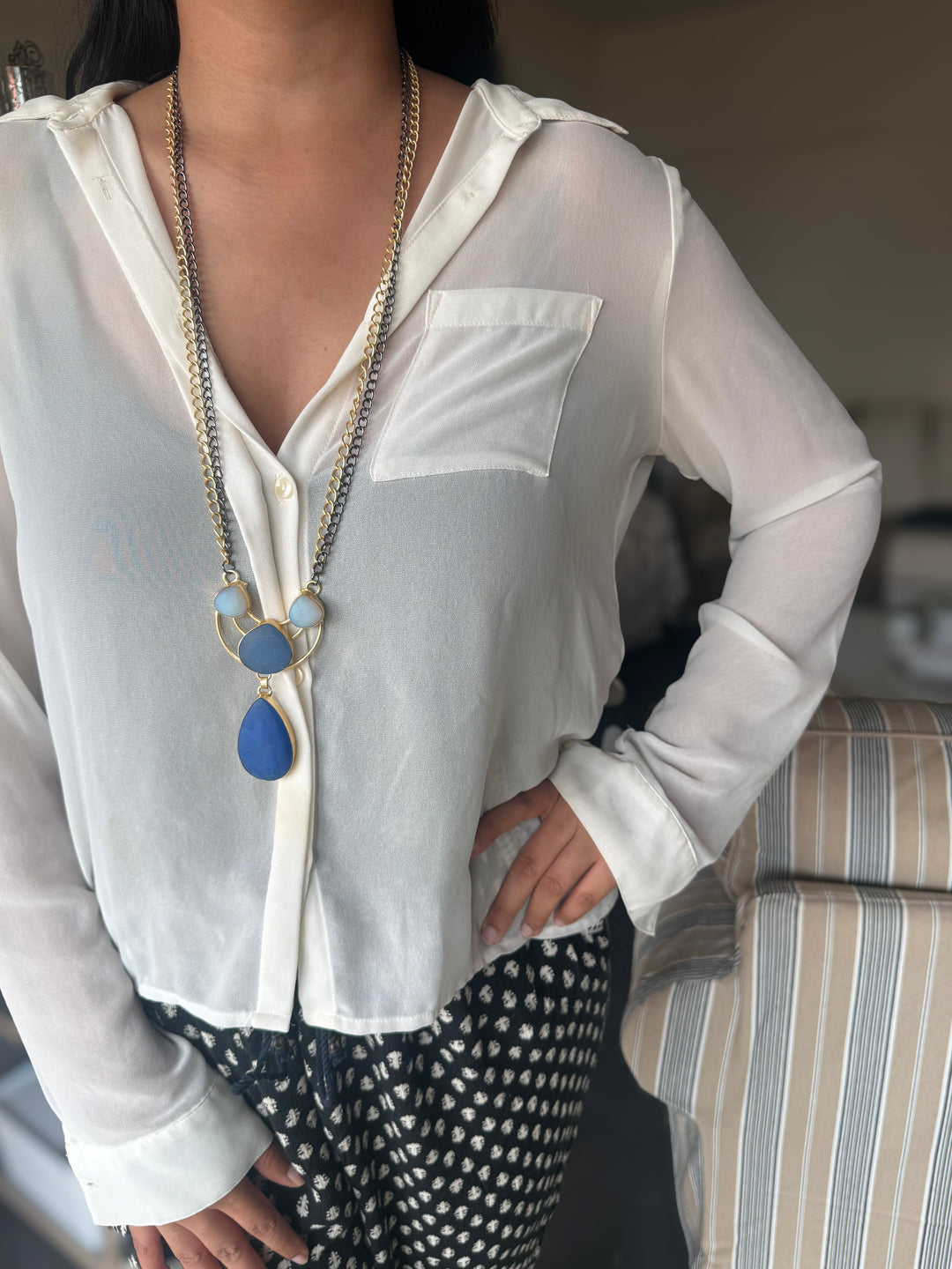Handmade Long Lapis Lazuli Raw Stone Necklace | Dual Tone Gold Polish Brass Statement Jewelry