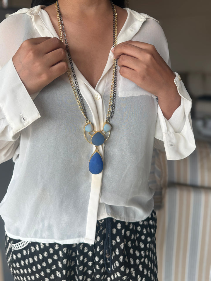 Handmade Long Lapis Lazuli Raw Stone Necklace | Dual Tone Gold Polish Brass Statement Jewelry