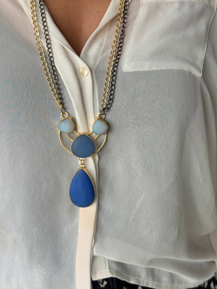 Handmade Long Lapis Lazuli Raw Stone Necklace | Dual Tone Gold Polish Brass Statement Jewelry