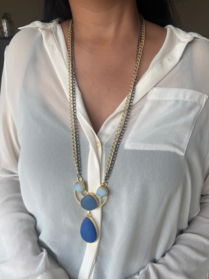 Handmade Long Lapis Lazuli Raw Stone Necklace | Dual Tone Gold Polish Brass Statement Jewelry