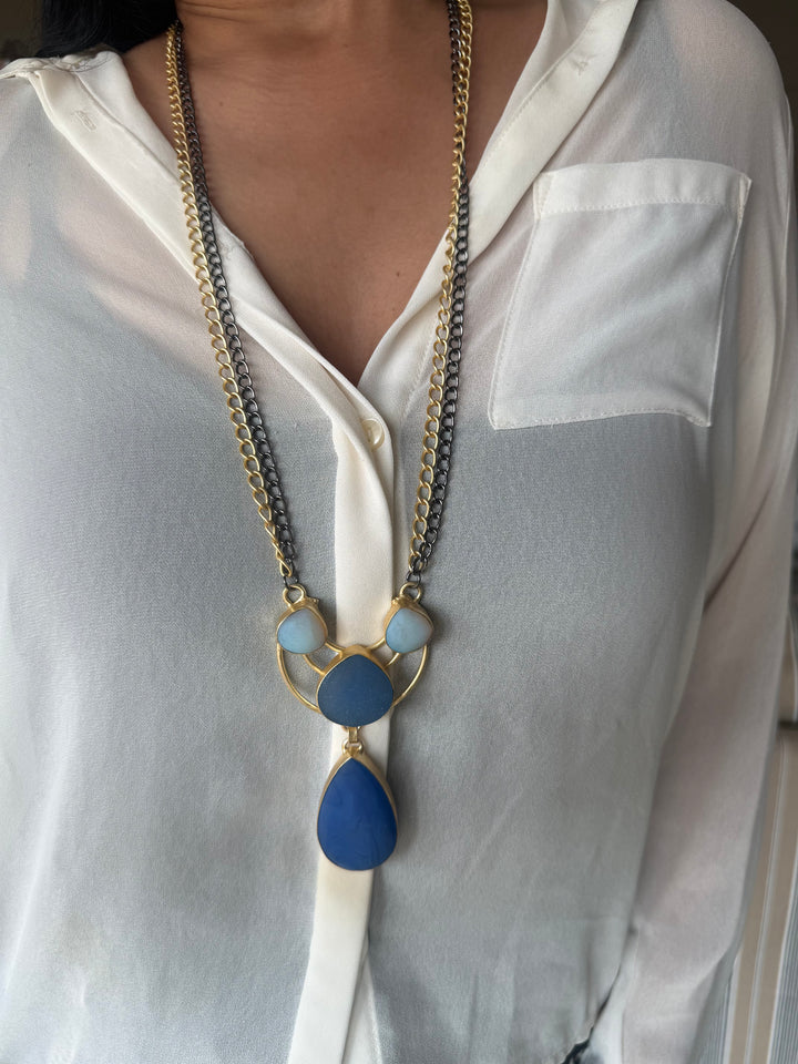 Handmade Long Lapis Lazuli Raw Stone Necklace | Dual Tone Gold Polish Brass Statement Jewelry