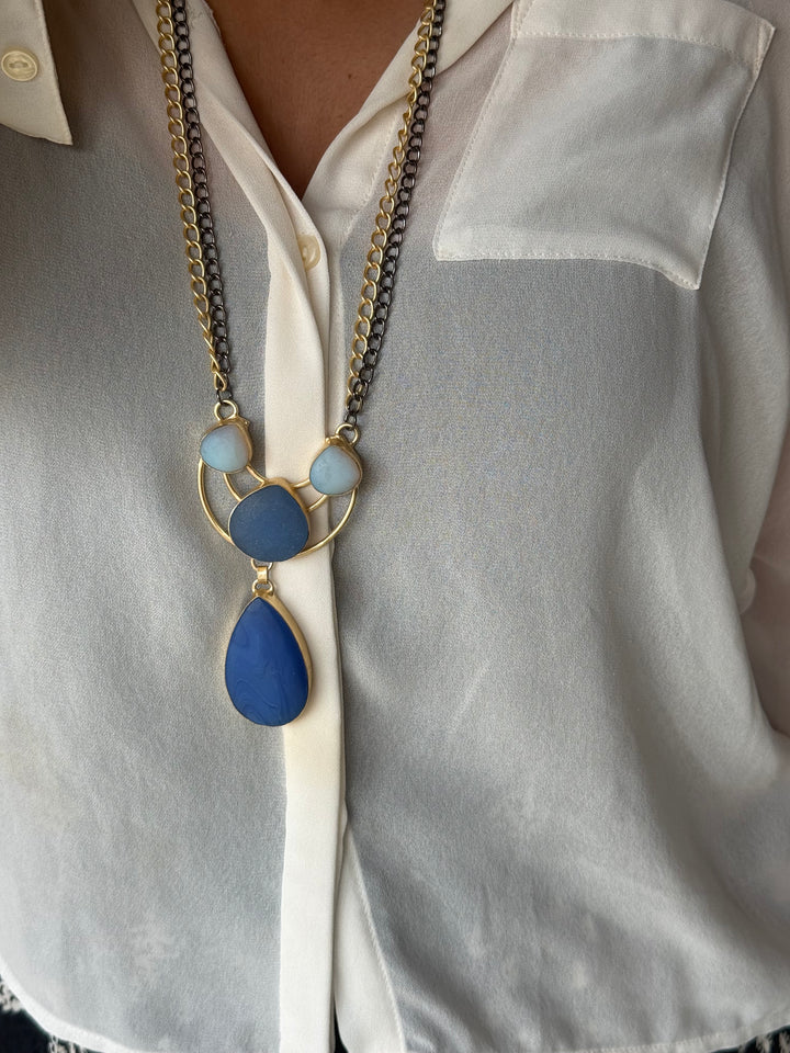 Handmade Long Lapis Lazuli Raw Stone Necklace | Dual Tone Gold Polish Brass Statement Jewelry