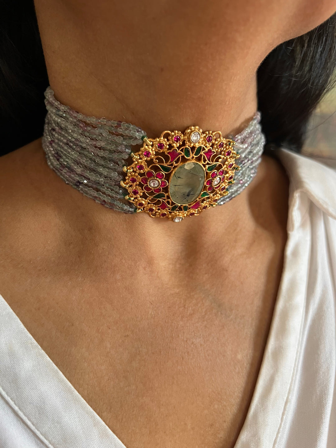 Semiprecious 925 Kundan Choker Necklace with Natural Fluorite and Prehnite