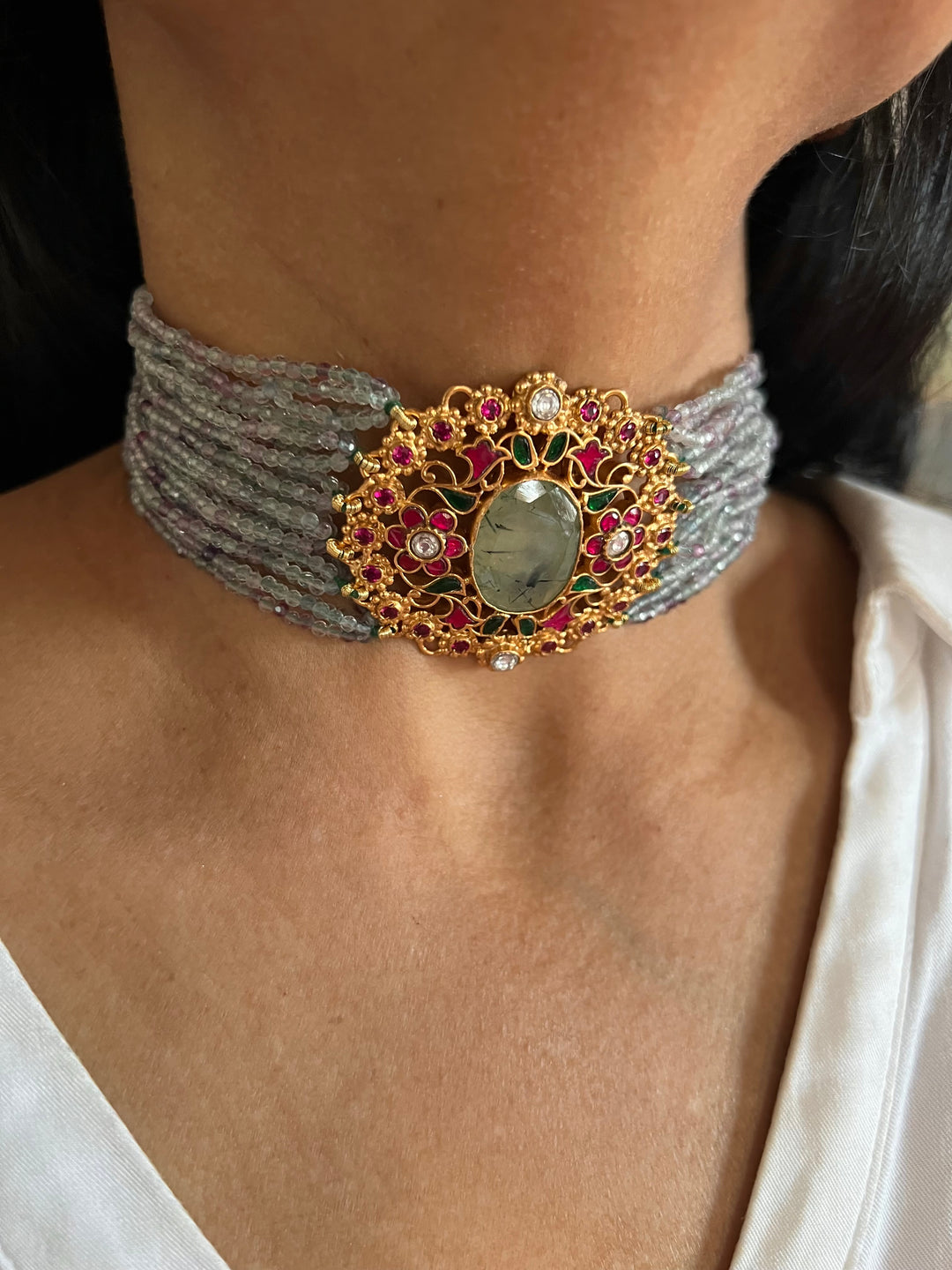 Semiprecious 925 Kundan Choker Necklace with Natural Fluorite and Prehnite
