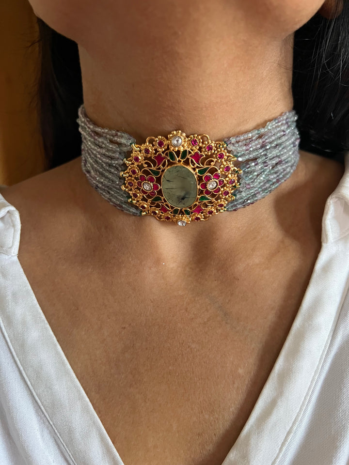 Semiprecious 925 Kundan Choker Necklace with Natural Fluorite and Prehnite