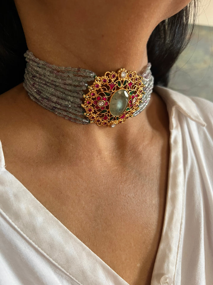 Semiprecious 925 Kundan Choker Necklace with Natural Fluorite and Prehnite