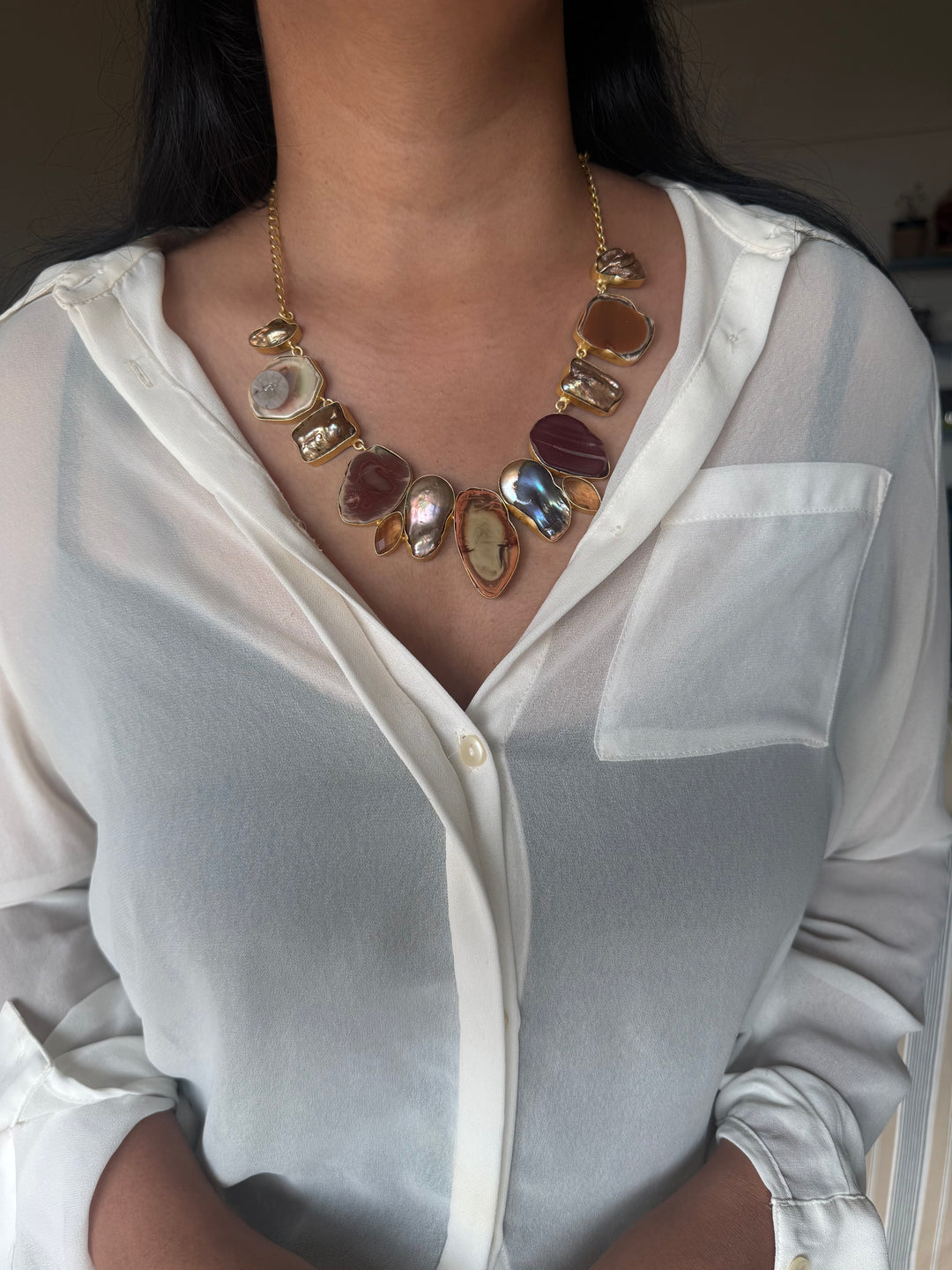 Handmade Raw Stone Necklace | Gold Polish Brass Adjustable Hook Closure Statement Jewelry