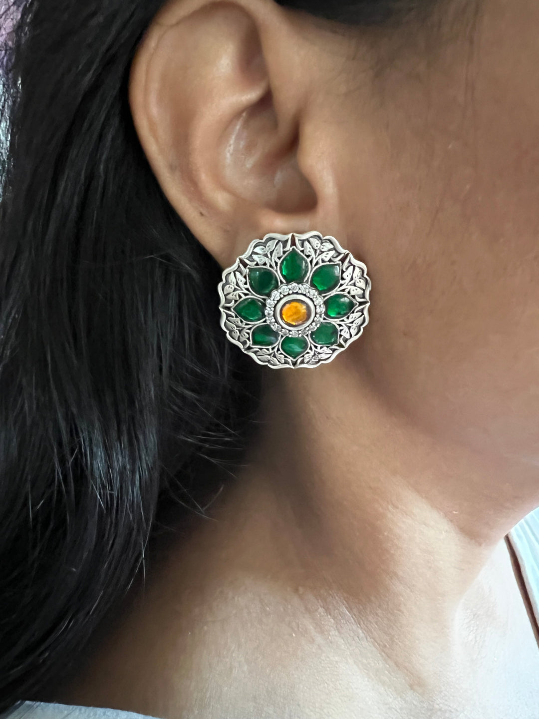 925 Silver Kundan Earrings with Green and Yellow Combination
