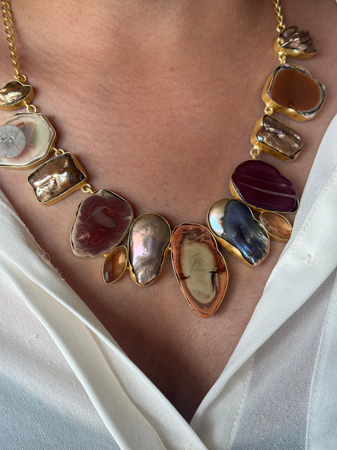 Handmade Raw Stone Necklace | Gold Polish Brass Adjustable Hook Closure Statement Jewelry
