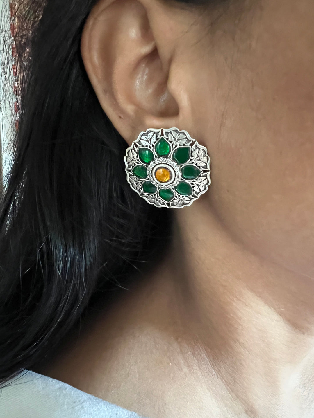 925 Silver Kundan Earrings with Green and Yellow Combination