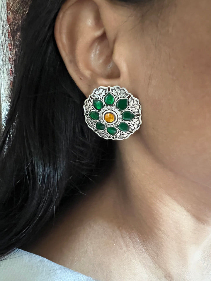 925 Silver Kundan Earrings with Green and Yellow Combination