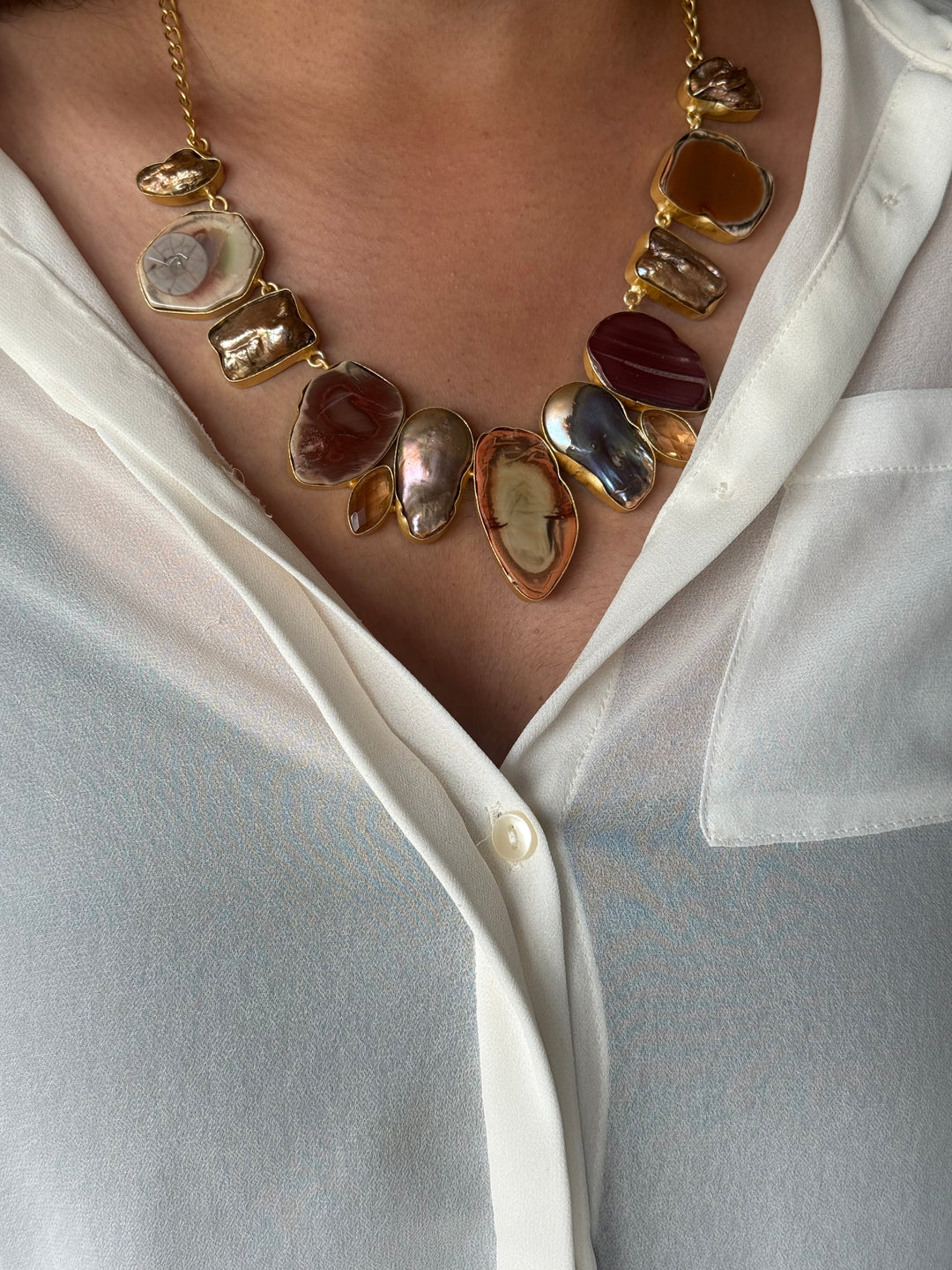 Handmade Raw Stone Necklace | Gold Polish Brass Adjustable Hook Closure Statement Jewelry