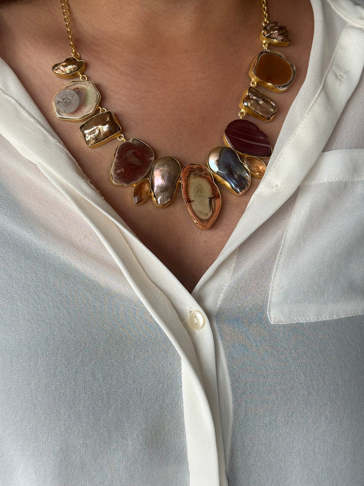 Handmade Raw Stone Necklace | Gold Polish Brass Adjustable Hook Closure Statement Jewelry