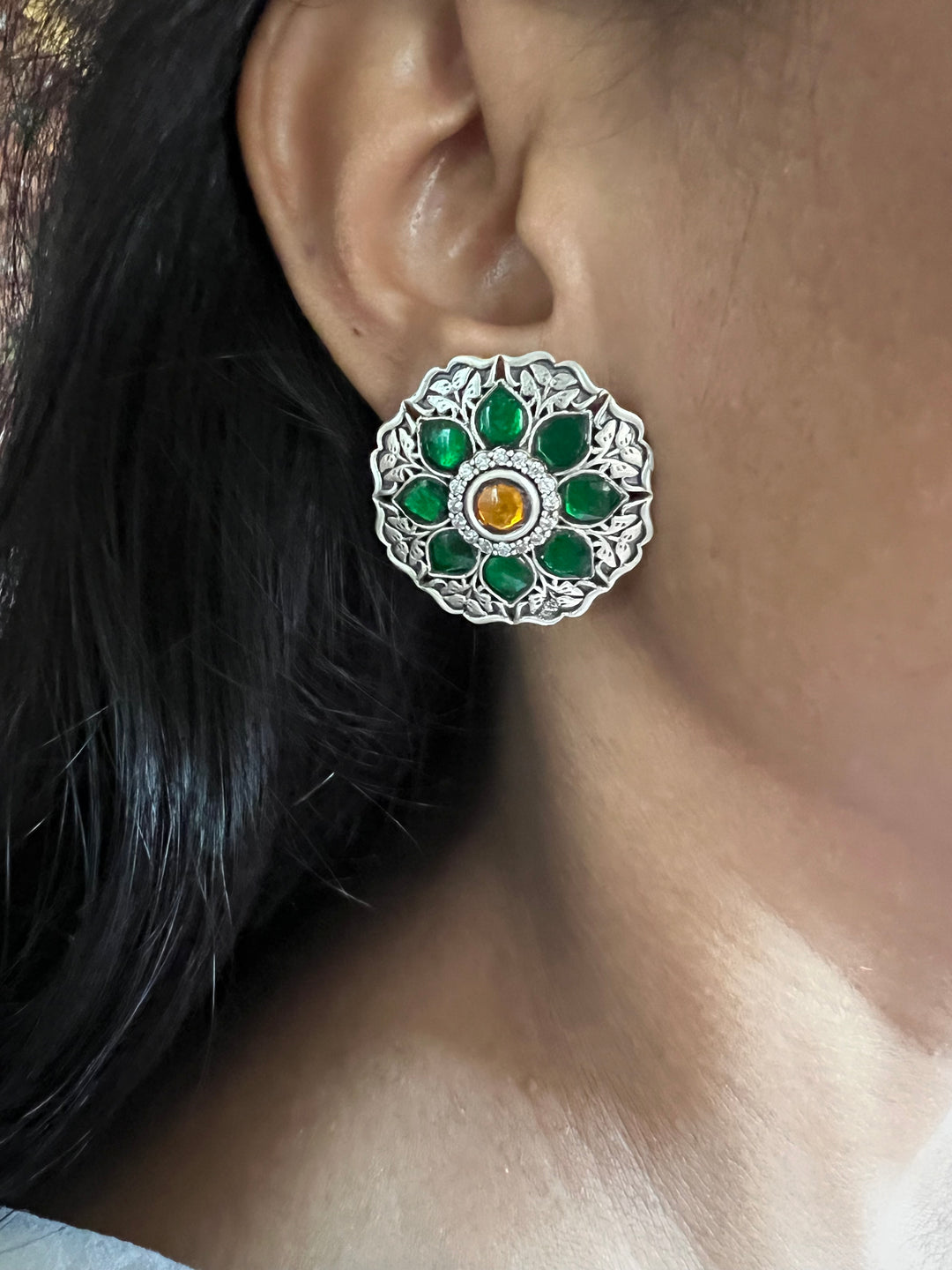 925 Silver Kundan Earrings with Green and Yellow Combination