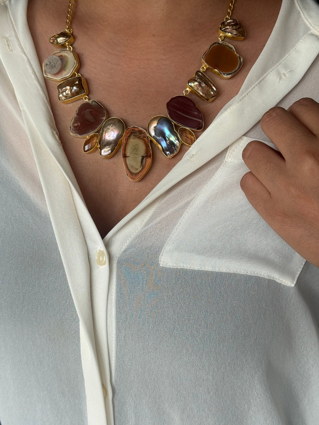 Handmade Raw Stone Necklace | Gold Polish Brass Adjustable Hook Closure Statement Jewelry