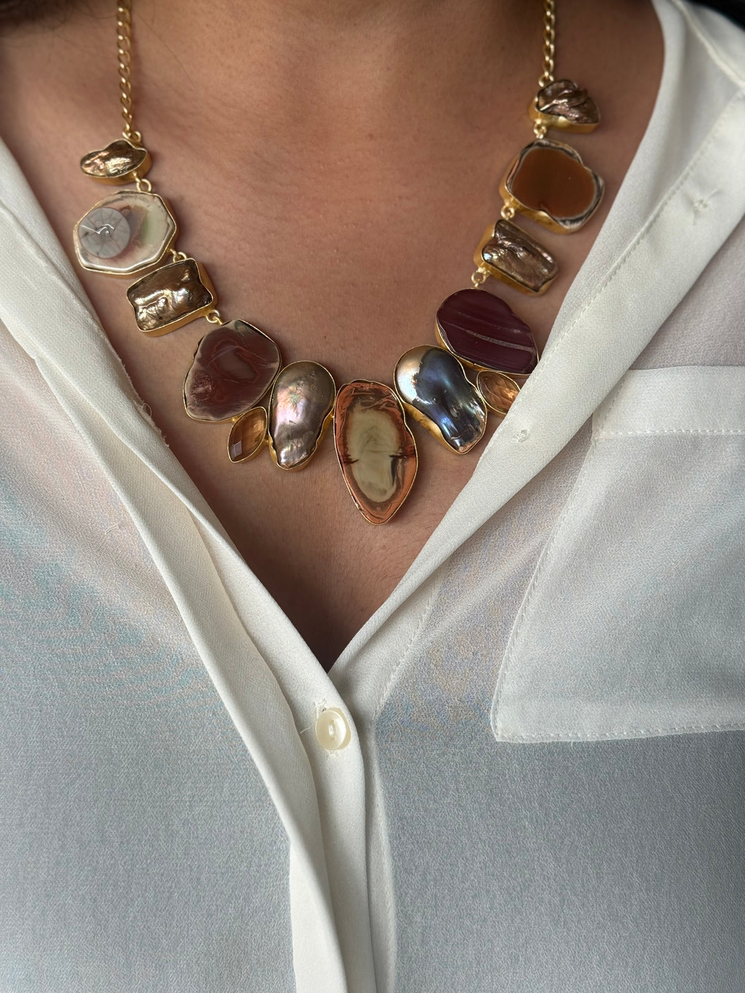 Handmade Raw Stone Necklace | Gold Polish Brass Adjustable Hook Closure Statement Jewelry