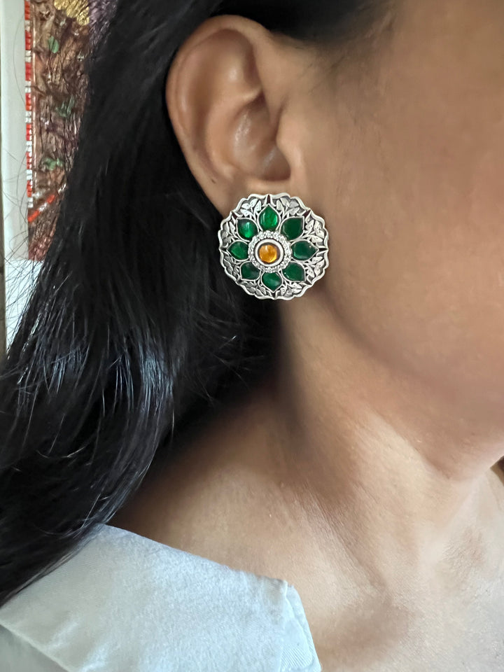 925 Silver Kundan Earrings with Green and Yellow Combination