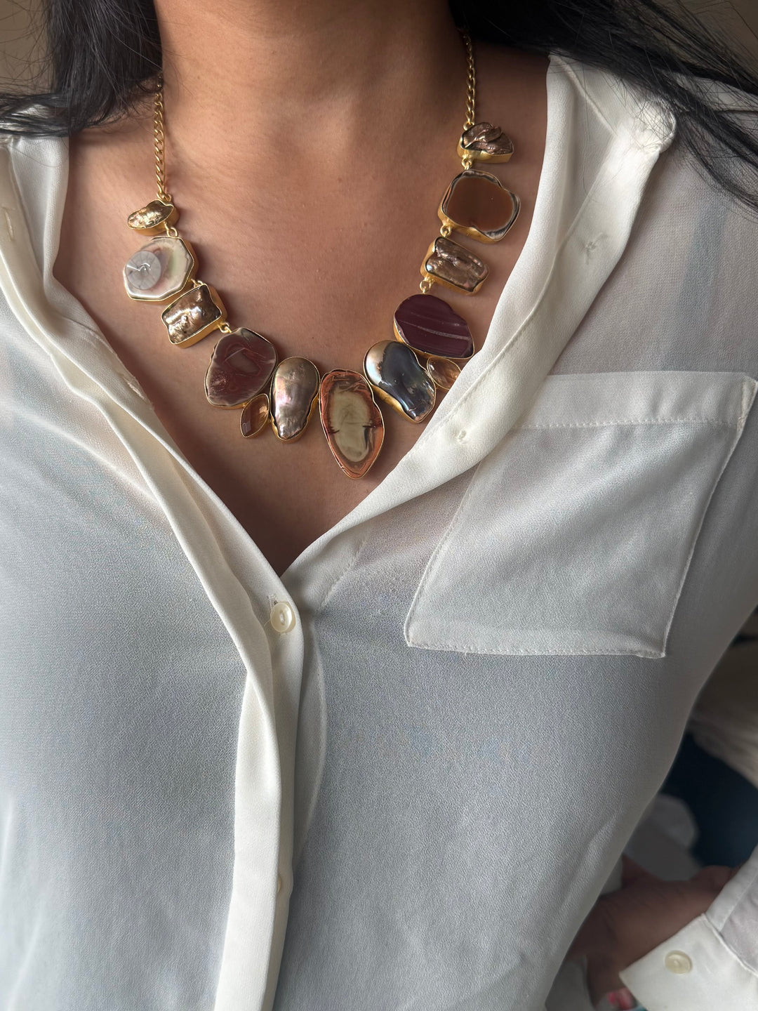 Handmade Raw Stone Necklace | Gold Polish Brass Adjustable Hook Closure Statement Jewelry