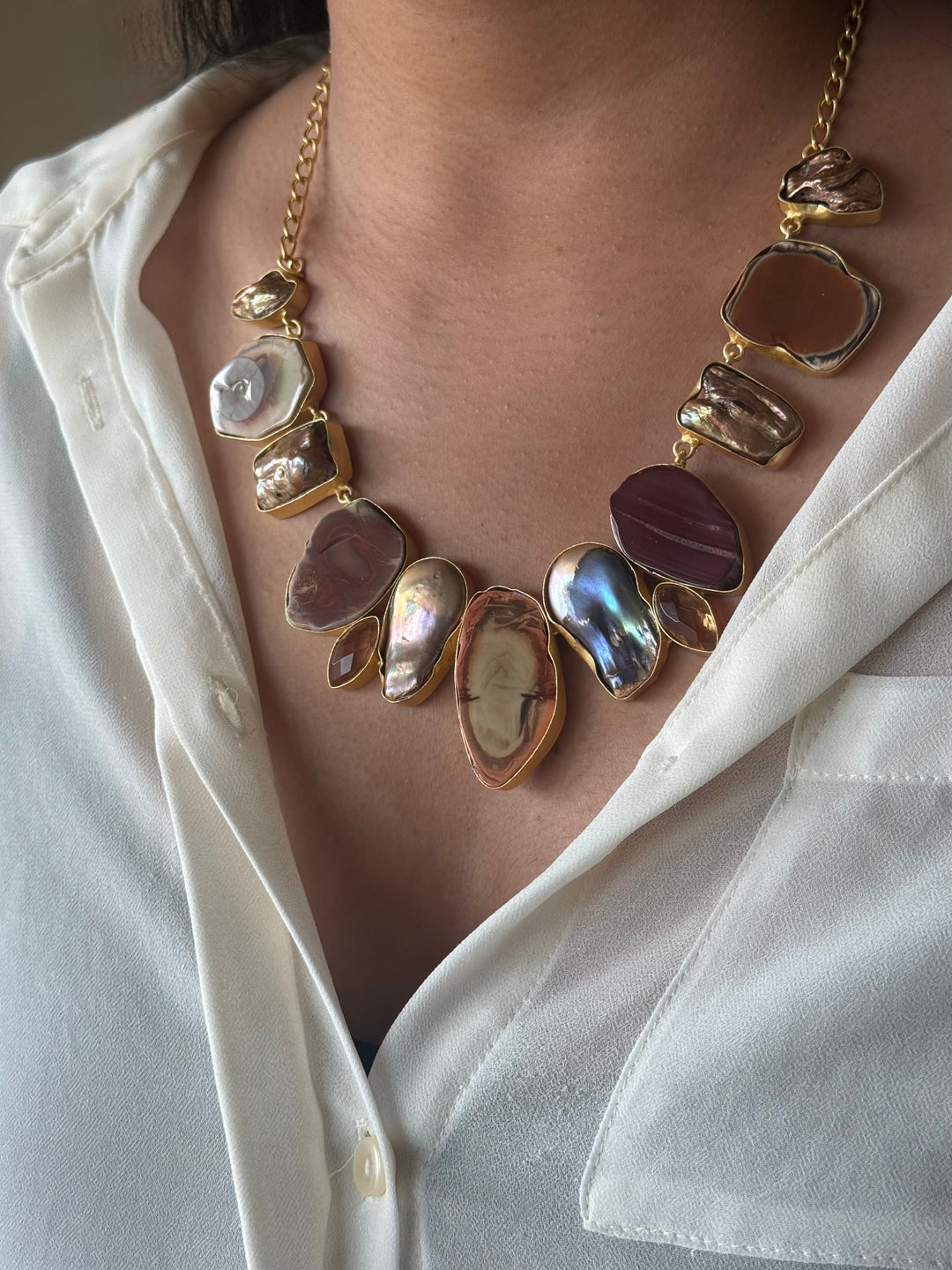 Handmade Raw Stone Necklace | Gold Polish Brass Adjustable Hook Closure Statement Jewelry