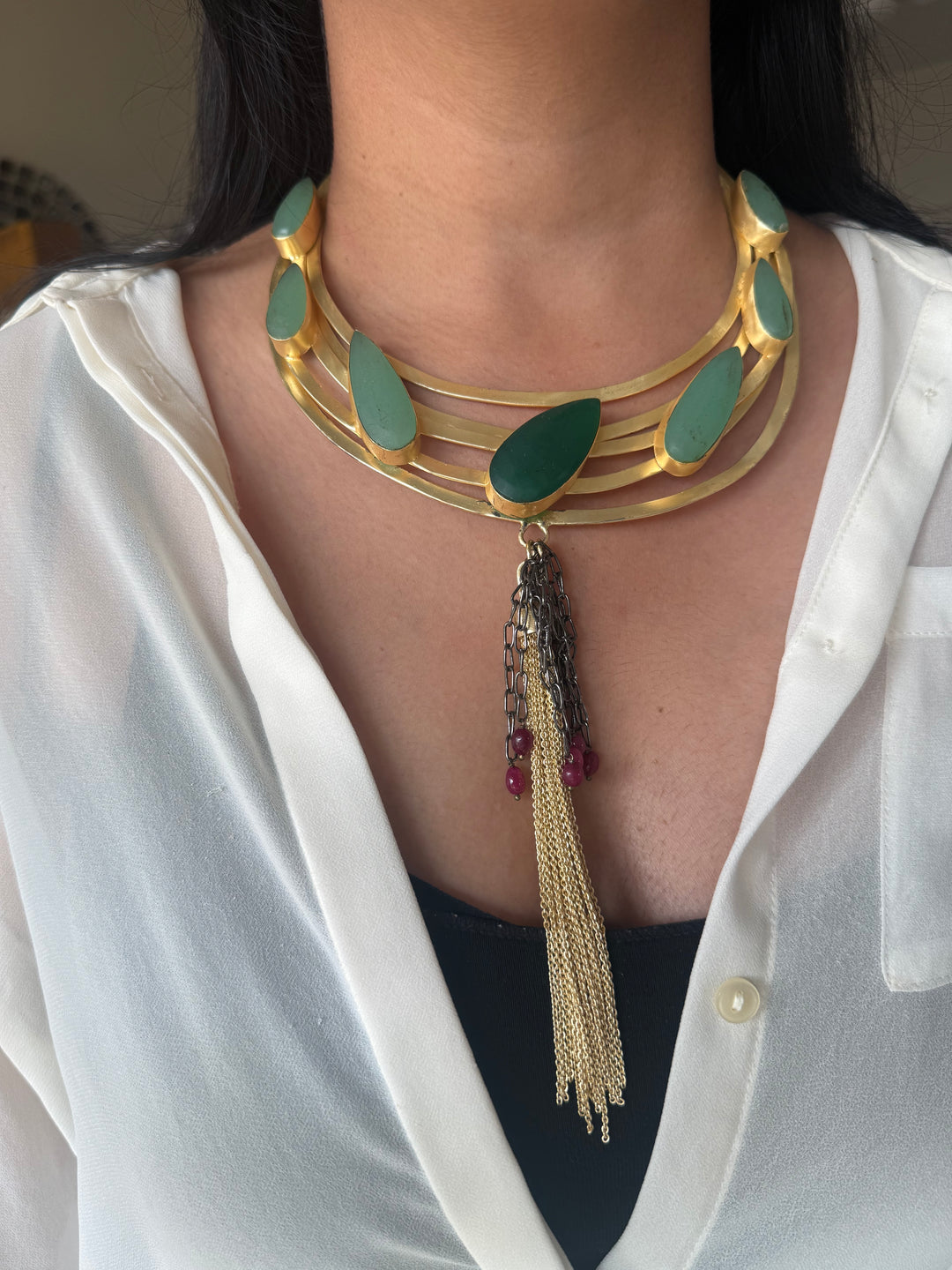 Handmade Green Onyx Hasli Necklace | Gold Polish Brass Adjustable Statement Jewelry
