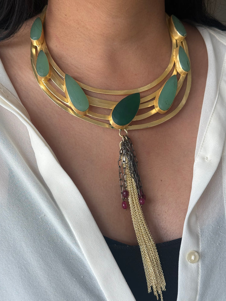 Handmade Green Onyx Hasli Necklace | Gold Polish Brass Adjustable Statement Jewelry