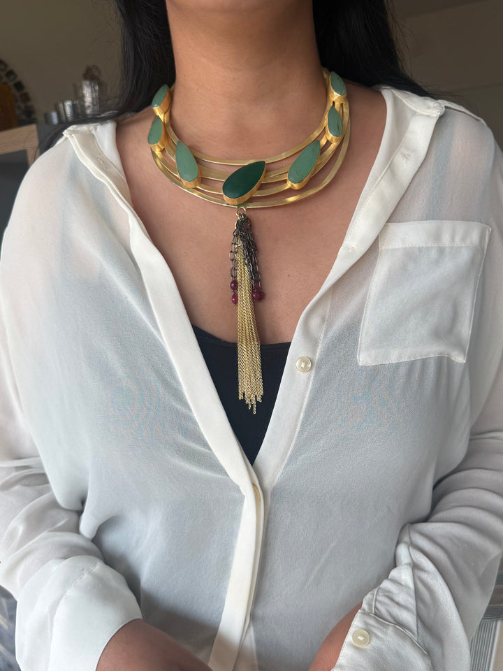 Handmade Green Onyx Hasli Necklace | Gold Polish Brass Adjustable Statement Jewelry