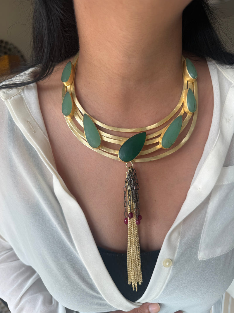 Handmade Green Onyx Hasli Necklace | Gold Polish Brass Adjustable Statement Jewelry