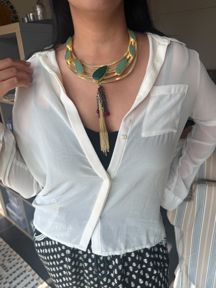 Handmade Green Onyx Hasli Necklace | Gold Polish Brass Adjustable Statement Jewelry