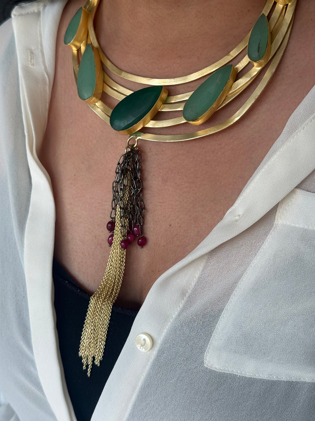 Handmade Green Onyx Hasli Necklace | Gold Polish Brass Adjustable Statement Jewelry