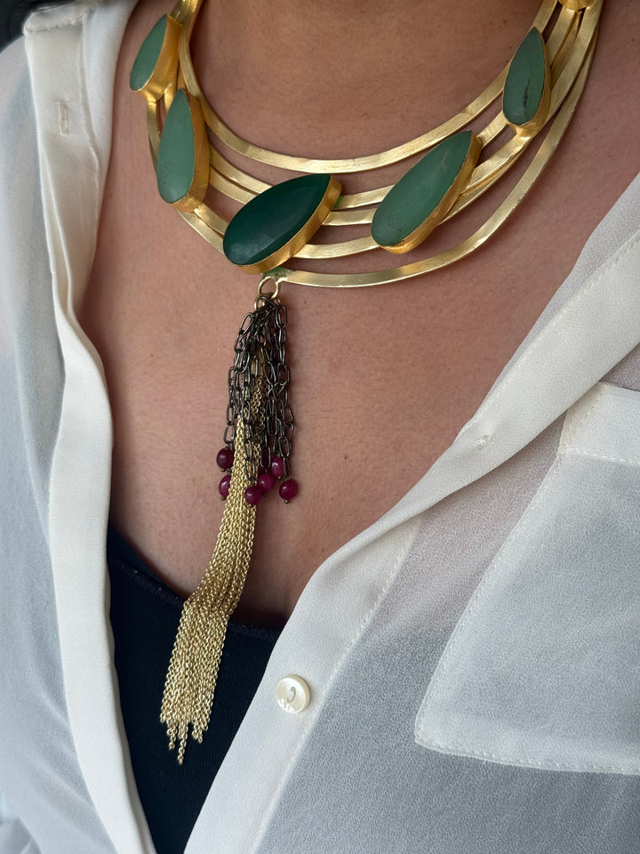 Handmade Green Onyx Hasli Necklace | Gold Polish Brass Adjustable Statement Jewelry